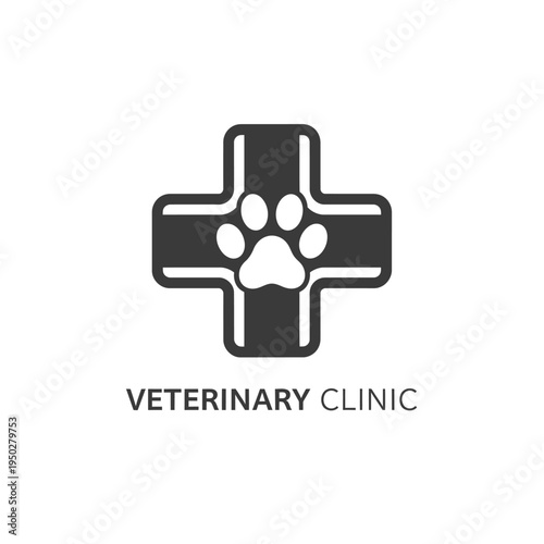 Veterinary clinic logo cross paw print icon dark gray silhouette text