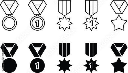 Medal icon set with star circle and number one symbols for award achievement and victory.
