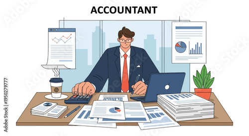 Professional male accountant working at his office desk with financial documents, calculator, and laptop, representing business and finance.
