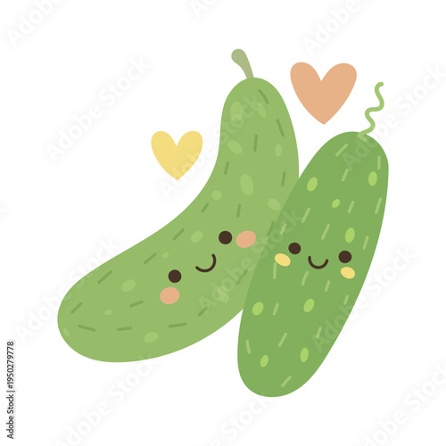 Cucumber cute food with pickle cartoon vegetable for character mascot kawaii. Icon couple emblem with cucumber green personage for salad slice happy. Fresh vector cucumber with funny pickle baby