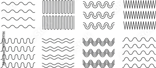Wave line icon set with zigzag curve and squiggly borders for decorative graphic design vector.
