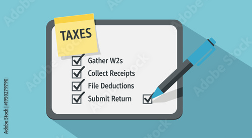 Tax Day preparations checklist on clipboard with pen on blue background