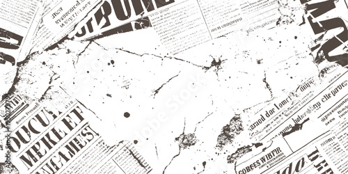 Overlapping distressed vintage newspaper pages with bold headlines and scattered ink splatters textured