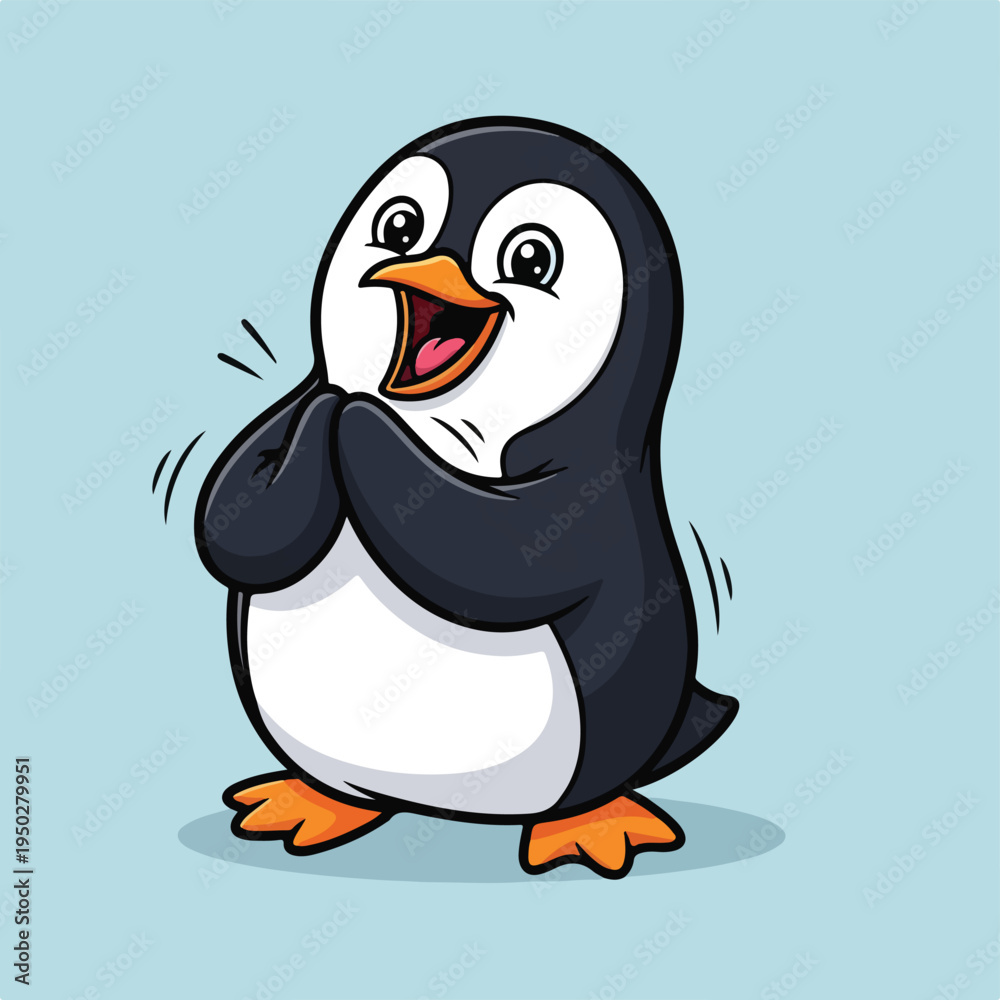 Fototapeta premium Cartoon penguin with joyful expression on light blue background