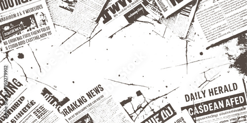 Scattered vintage newspaper pages with bold headlines and text in brown and white