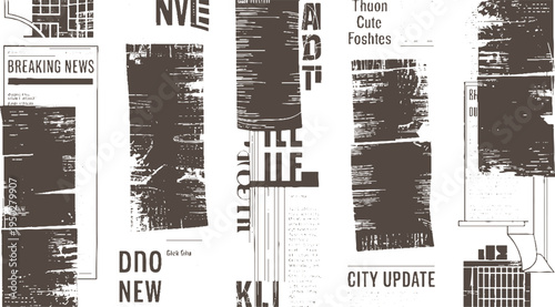Collage of distressed newspaper clippings and text fragments in brown and white
