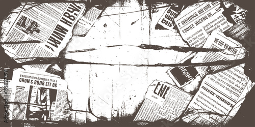Scattered torn newspaper pages with dark brown ink text and on a white textured background with dark brown grunge