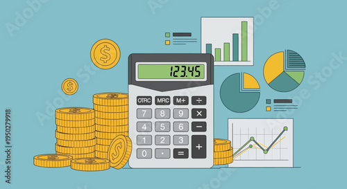 A calculator displays tax on a busy day with coins and financial charts around.