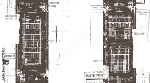 Architectural blueprints and construction weekly newspaper clippings in a collage style with brown and white tones
