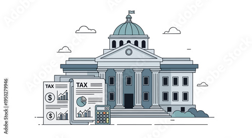 Government Building on Tax Day with Financial Documents and Money