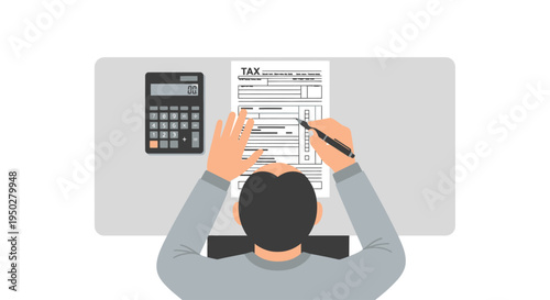 Man fills tax form on a busy day at his office desk with calculator