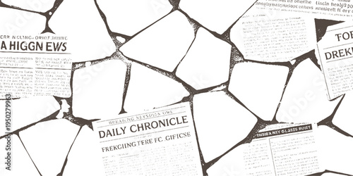 Fragmented newspaper pages with dark brown ink text and abstract shapes on white background