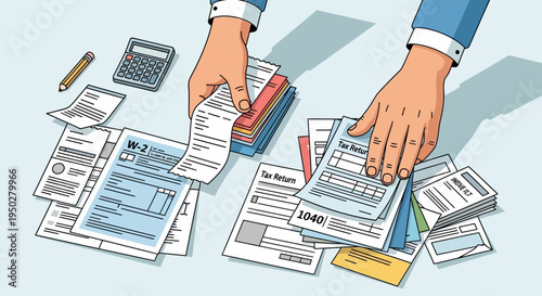 Person filing taxes on a busy day with documents and calculator