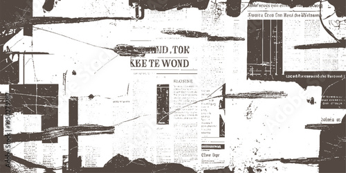 Distressed sepia toned collage of vintage newspaper clippings with abstract grunge brown white