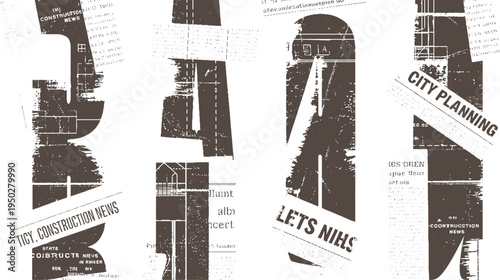 Vintage newspaper clippings with construction and city planning headlines and architectural