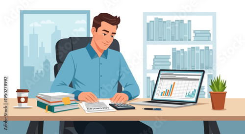 Man calculates tax on a busy day at office desk with laptop