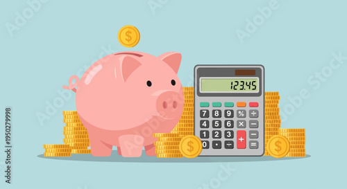 Piggy bank with coins and calculator on tax day