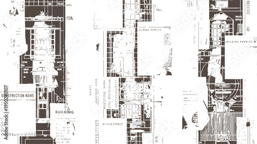 Architectural blueprints and construction news clippings with building permit information and numerical data