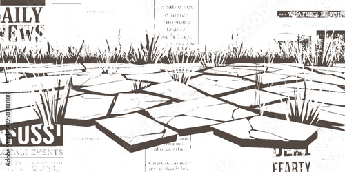 Cracked earth and dry grass against a newspaper background with headlines