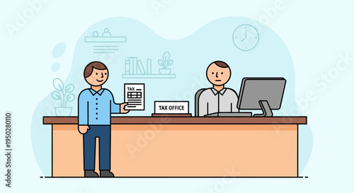 Man pays tax on a busy day at the office with a clerk