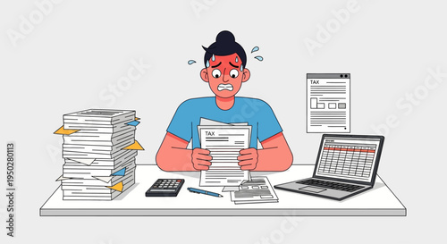 Man stressed on tax day holding papers at office desk with laptop