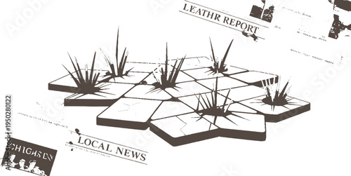 Stylized brown grass sprouts from hexagonal pavement tiles with torn newspaper fragments