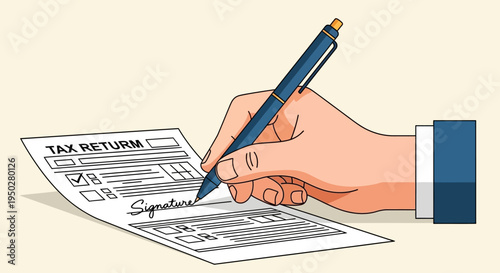 Person signing tax return form on a busy day with paperwork