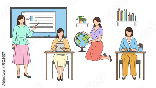 Teaching and Learning Illustrations: Four illustrations showing a teacher and student in educational contexts, from a lecture to an independent study. 