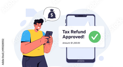 Man checks phone on tax refund approved day with notification