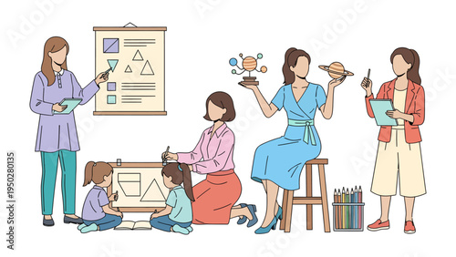 Teacher's World: A vivid illustration depicts a group of educators actively engaging with children in a dynamic learning environment, exploring various educational aspects.