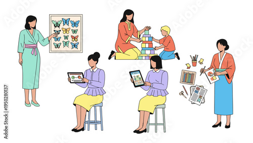 Illustration of activities and education: A series of vibrant illustrations showcases various engaging activities, including learning and creative pursuits.