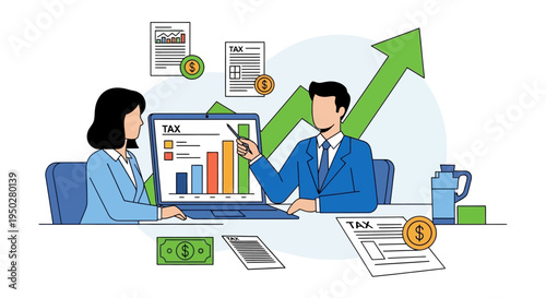 Business partners discussing tax on a busy day at office with charts
