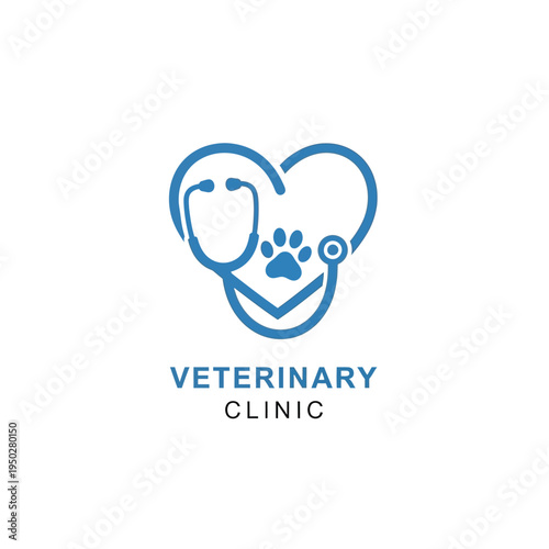 Veterinary clinic logo heart stethoscope paw print animal health care blue