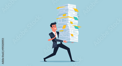 Businessman struggles with tax paperwork on a busy day