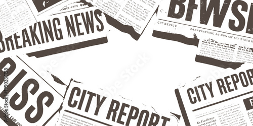 Overlapping newspaper headlines and text fragments in brown and white print vintage