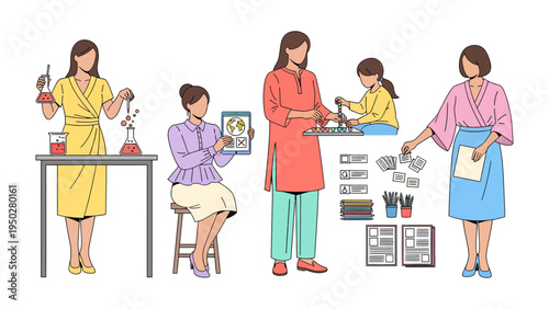 Knowledge and Discovery: An illustration showcasing the diverse roles of individuals in settings of knowledge, emphasizing learning and discovery through a visual narrative.