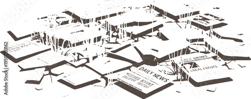 Pile of newspapers with headlines daily news weather report local events in brown and white stack