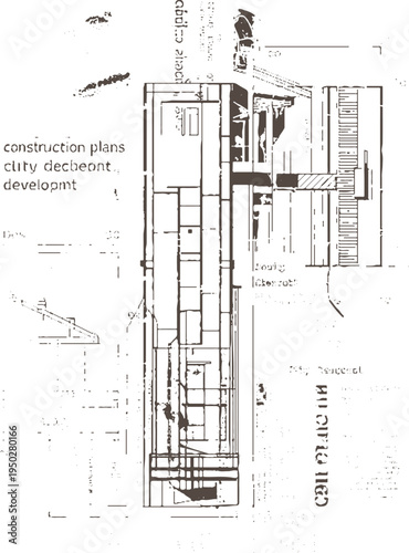 Architectural blueprint with construction plans and development text building