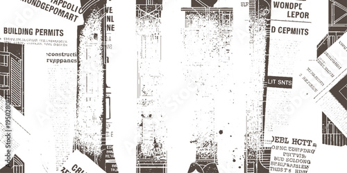 Distressed vintage newspaper clippings with architectural blueprints and building permits grunge texture