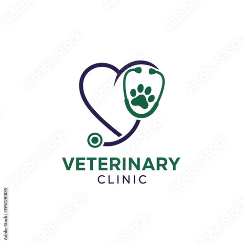 Veterinary clinic logo heart stethoscope paw print animal care purple green