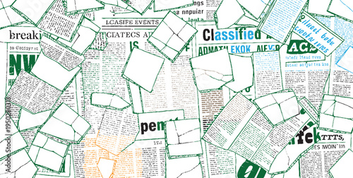 Scattered newspaper clippings and classified ads with green and orange outlines breaking