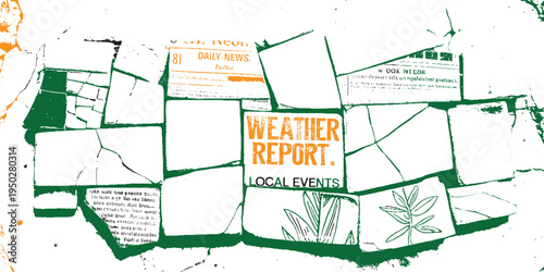 Weather report and local events text on newspaper fragments with green leaf