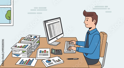 Man calculates tax on a busy day at his office desk with papers and computer