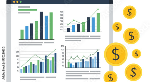 Financial Tax Day Report Display with Graphs and Dollar Signs