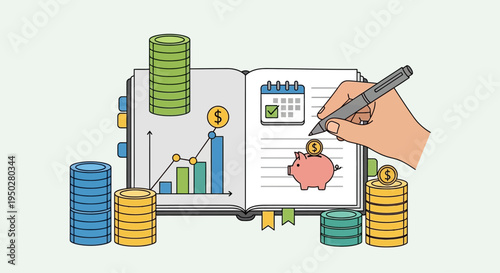 A hand calculates tax on a busy day with coins and a piggy bank
