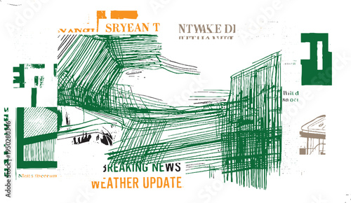 Abstract collage of green scribbles orange text breaking news weather update and architectural