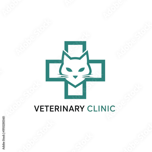 Veterinary clinic logo with cat head silhouette inside medical cross symbol for pet care