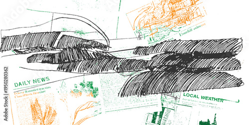 Abstract collage of newspaper clippings with hand drawn lines and botanical in orange green and black