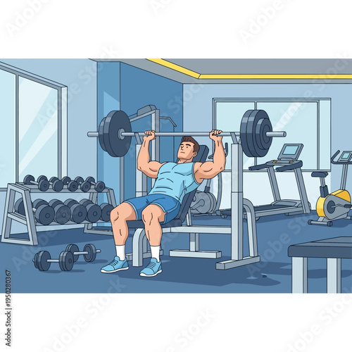 Man Lifting Barbell on Bench Press in Gym