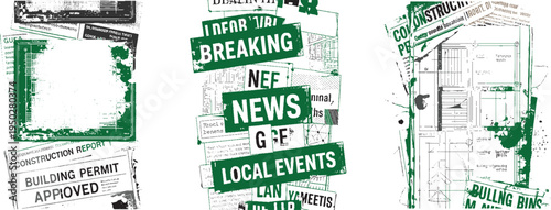 Collage of distressed newspaper clippings and architectural blueprints with green text overlays black